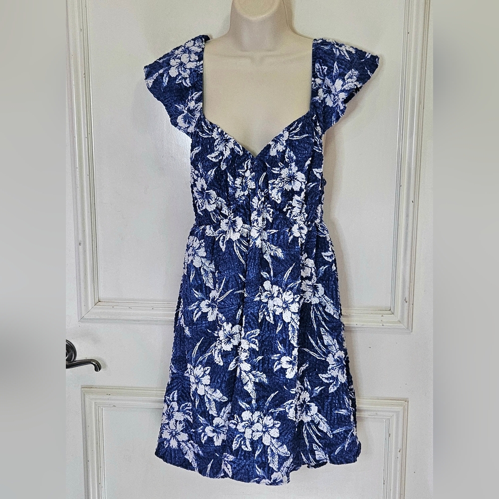 American Eagle Navy Blue & White Floral Back Tie Cutout Sundress,Large